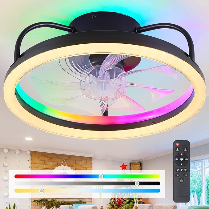Mpayel Ceiling Fans with Lights and Remote, 16" Low Profile Ceiling Fan 3000-6000K Dimmable RGB Modern Flush Mount LED Fan Light, 6 Wind Speeds Black Ceiling Fans for Bedroom, Living Room