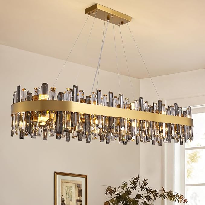 Siljoy Gold Crystal Chandelier for Dining Room, Large Modern 2-Tiers K9 Crystal Raindrop Chandelier, 20 Lights Luxury Adjustable Hanging Ceiling Light for Living Room Kitchen Island Bar L52''