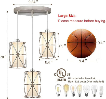 Brushed Nickel 3 Light Chandelier, Adjustable Height Pendant Lights Kitchen Island, Modern Pendant Lights with Linen Shade, Kitchen Light fixtures for Kitchen, Dining Room, Living Room