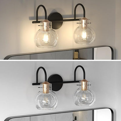 2 Light Bathroom Vanity Light, Black and Red Copper Bathroom Light Fixtures Over Mirror, Modern Copper Vanity Fixtures with Clear Glass Shade, Black Wall Sconce for Living Room