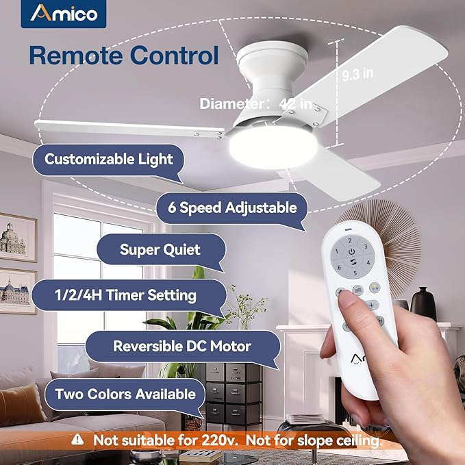 Amico 2 Pack Ceiling Fans with Lights, 42 inch Low Profile Ceiling Fan with Light and Remote Control, Flush Mount, Reversible, 3CCT, Dimmable, Noiseless, White Ceiling Fan for Bedroom, Indoor/Outdoor