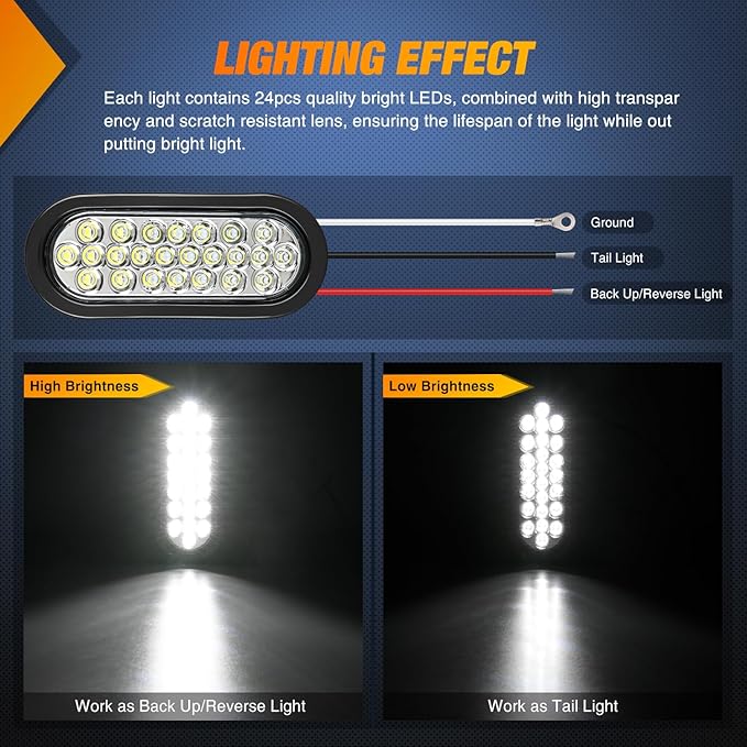 Nilight 6Inch Oval Trailer Tail Light 4PCS White 24LED Back Up Reverse Lights w/Flush Mount Grommets Plugs IP67 Waterproof for 12V Truck ATV UTV Bus RV Camper