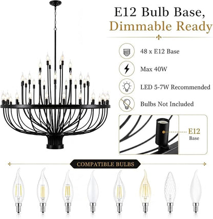 Shandaglo Large Chandelier for High Ceilings, 48-Light Black Wagon Wheel Chandelier, 47.2 Inch 3-Tier Extra Farmhouse Dining Room Light Fixture for Foyer, Living Room, Entryway