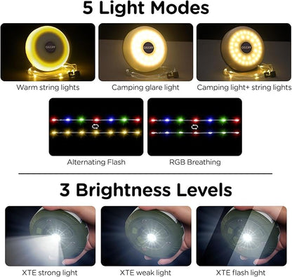 OGERY Camping String Lights, 4 in 1 Quick Storage 32.8FT Rechargeable Tent Lights String with 8 Lighting Modes, Hanging Waterproof Portable LED Lamp for Outdoor Patio Awning Garden Camping Essentials