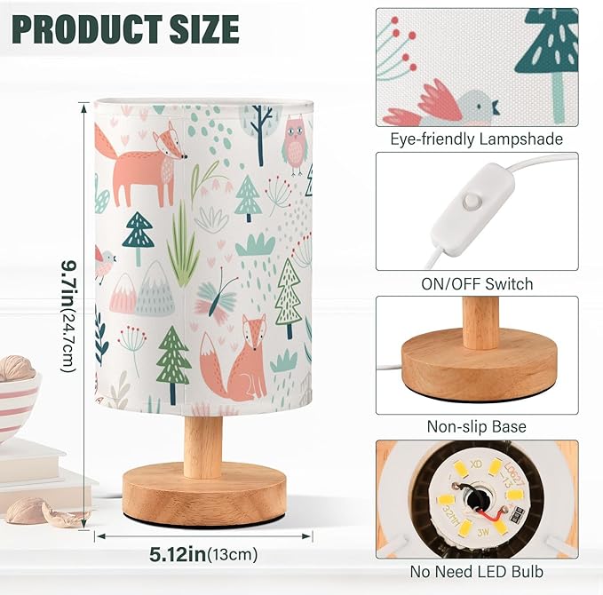 Bedside Table Lamp Cute Fox Owl Bird Nightstand Lamp with Wood Tropical Animals Tree Flower Desk Lamps for Bedroom Living Room Nursery Office Home Decor