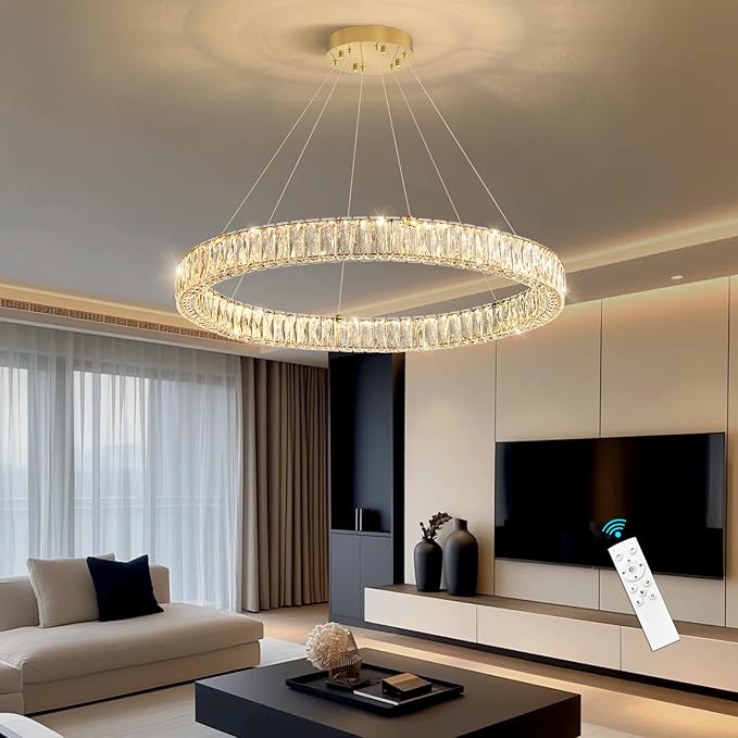 HAIXIANG Modern Crystal Chandelier Dimmable LED Ring Pendant Chandeliers Light Adjustable Glam Hanging Lighting Fixtures for Dining Room Living Room Bedroom Gold Light