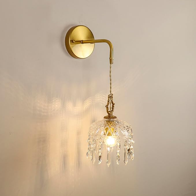 Vintage Crystal Wall Sconce, Brass Finish Pendant Light Fixture with Hanging Crystals, Elegant Diamond Cut Glass Shade (1, S)