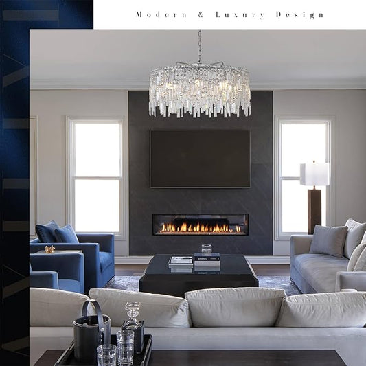 A AXILIXI Large Crystal Chandelier 30'' Chrome Modern Chandelier for Dining Room 10 Light Drum Chandelier Luxury K9 Raindrop Crystal Ceiling Pendant Fixtures for Living Room Bedroom Staircase Foyer