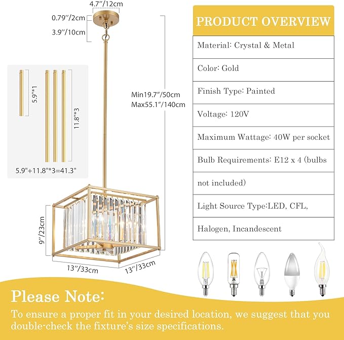 Square Crystal Small Mini Chandeliers 4-Light Gold Pendant Dining Room Light Fixture 13" Modern Farmhouse Adjustable Hanging Ceiling Lamps for Bedroom Entryway Hallway Pool Table