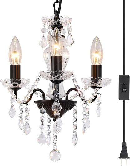Plug in Chandelier with Glass Crystals, 3-Light Black Miniature Crystal Chandelier, Modern Antique Pendant Light for Small Spaces, Bedroom Kitchen Island Entryway Covered Patio, E12 Base