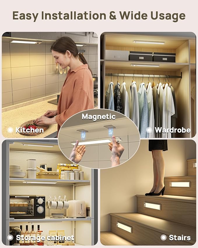 12inch Under Cabinet Lighting with Remote, 2500mAh Rechargeable Motion Sensor Light Indoor, LED Closet Lights with Timer, Dimmable, Magnetic, 3 Color Temps Wireless for Kitchen, Pantry, Stair, 4 Pack