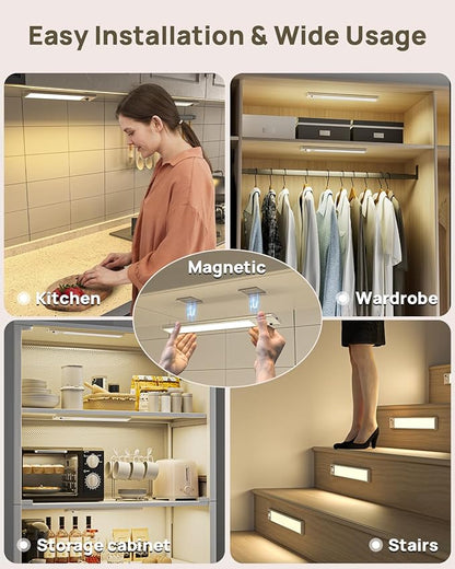 12inch Under Cabinet Lighting with Remote, 2500mAh Rechargeable Motion Sensor Light Indoor, LED Closet Lights with Timer, Dimmable, Magnetic, 3 Color Temps Wireless for Kitchen, Pantry, Stair, 6 Pack