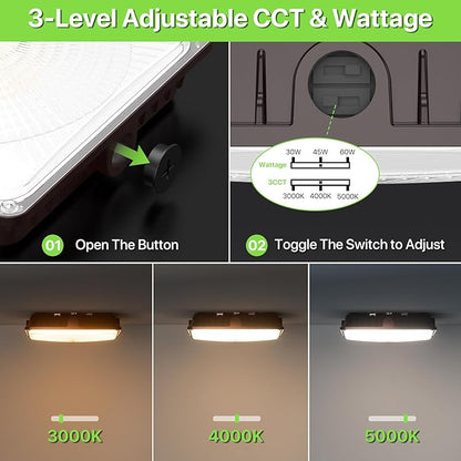 Glitgate 4Pack LED Canopy Lights Outdoor - 60W/45w/30W 3Wattage Adjustable 3000K/4000K/5000K 3CCT Selectable Commercial Canopy Light, IP65 Waterproof Ceiling Mount Light for Gas Station, Parking Lot
