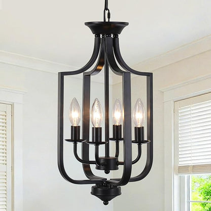 10.63" Black Chandelier 4-Lights Modern Farmhouse Lantern Chandeliers for Dining Room Rustic Metal Cage Industrial Vintage Adjustable Pendant Light Fixture for Foyer Kitchen Entryway Hallway E12