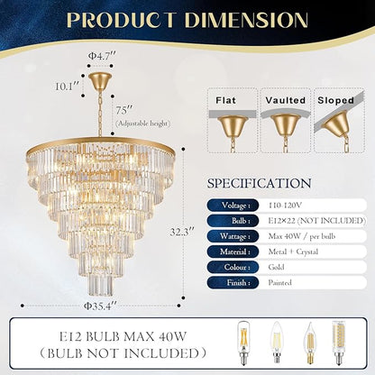 Large Crystal Chandelier Modern Gold 36" Round Chandeliers for Staircase 22 Lights 7-Tier Luxury K9 Crystal Ceiling Pendant Light Fixture for High Ceiling Living Room Foyer