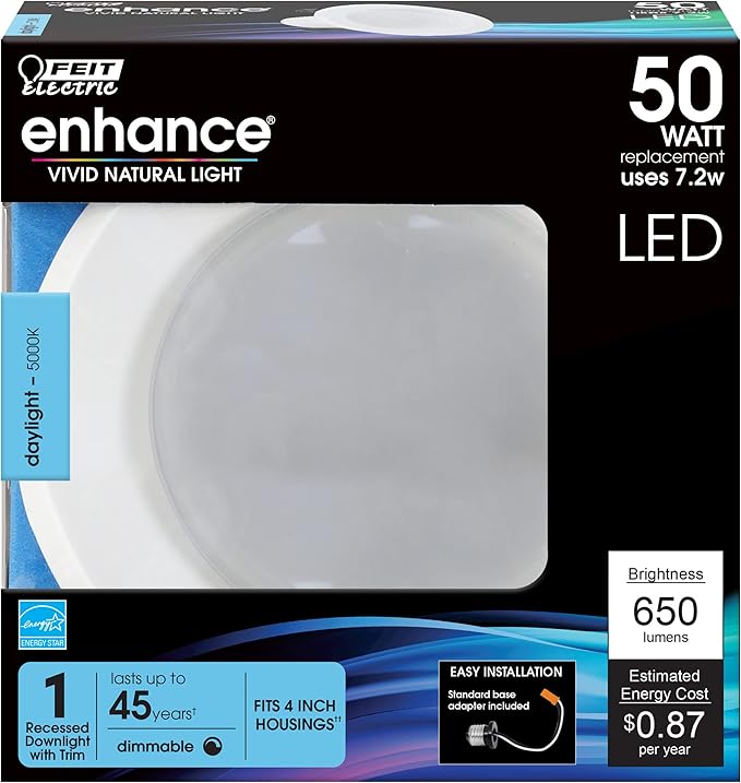 Feit Electric LED 4 Inch Recessed Lighting, 50W Equivalent, Dimmable Retrofit Downlight, E26 Adaptor for Recessed Can Lights, 50,000 Hour Lifetime, 650 Lumens, 5000k Daylight, LEDG2R4/950CA