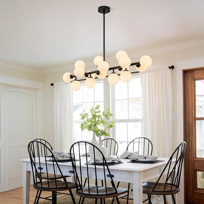 16-Light Mid Century Modern Chandelier: 39.4" Black Linear Sputnik Chandeliers - Milk White Glass Globe Dining Room Light Fixture - Long Modern Pendant Chandelier for Living Room Kitchen Island Table