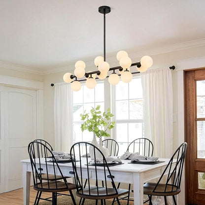 16-Light Mid Century Modern Chandelier: 39.4" Black Linear Sputnik Chandeliers - Milk White Glass Globe Dining Room Light Fixture - Long Modern Pendant Chandelier for Living Room Kitchen Island Table