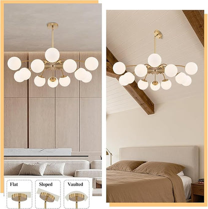Longree 12-Light Gold and White Sputnik Chandeliers with Blossom Accent Opal Glass Bubble Pendant Light Fixture Mid Century Milk Glass Starburst Lighting for Dining Hallway Living