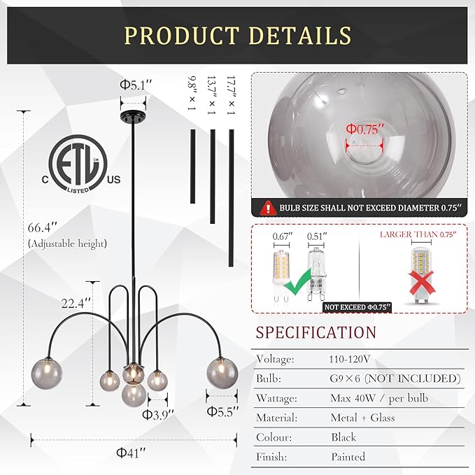 CATINER Black Chandelier Modern 6 Lights Sputnik Chandelier Large L40” Mid Century Ceiling Pendant Light Fixtures with Smoke Glass Globe Shades for Living Dining Room Foyer Bedroom