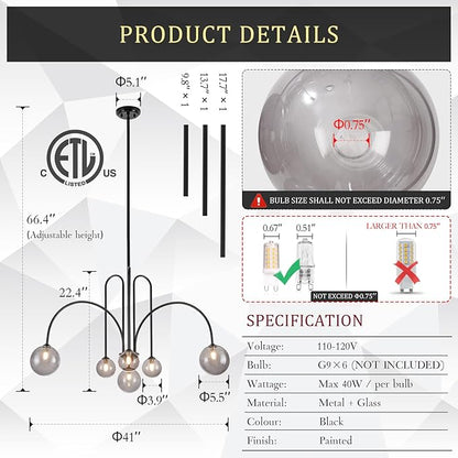 CATINER Black Chandelier Modern 6 Lights Sputnik Chandelier Large L40” Mid Century Ceiling Pendant Light Fixtures with Smoke Glass Globe Shades for Living Dining Room Foyer Bedroom