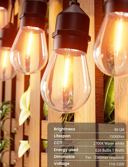 Svater Outdoor Led String Lights 36 FT, Patio Lights for Outside with 13pcs S14 Shatterproof Bulbs, 1 Watt E26 Dimmable, IP65 Waterproof, Commercial Grade Bistro Light 2700K Warm White