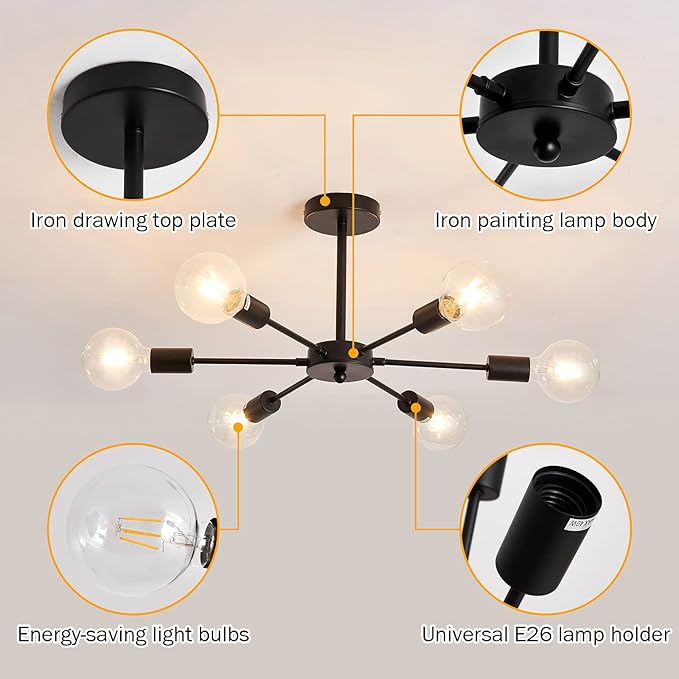 UOFUS Sputnik 6 Light Chandelier Black Mid Century Ceiling Light Fixture Modern Pendant Lighting for Kitchen Dining Room Living Room Bedroom