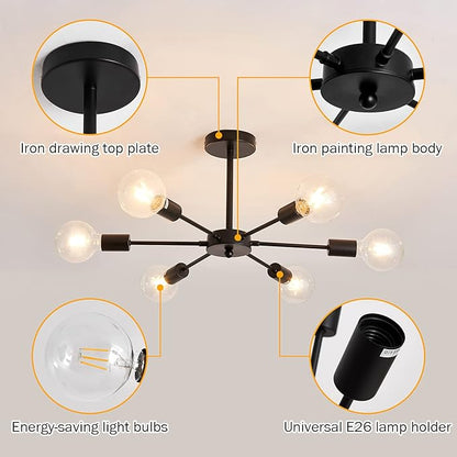 UOFUS Sputnik 6 Light Chandelier Black Mid Century Ceiling Light Fixture Modern Pendant Lighting for Kitchen Dining Room Living Room Bedroom