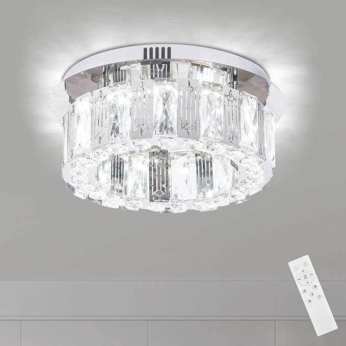 11.8" Dimmable Crystal Chandelier Modern LED Flush Mount Mini Ceiling Light Fixtures with Remote Control Crystal Round Chandeliers Light for Hallway Bedroom Kitchen