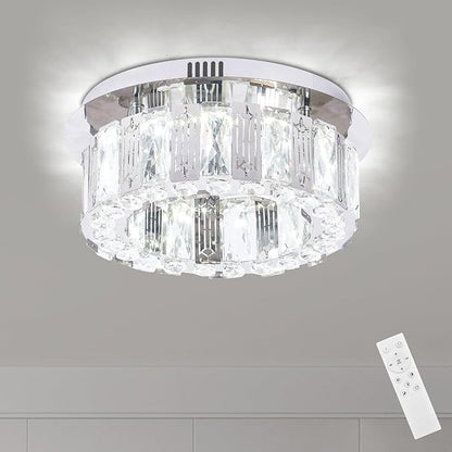 11.8" Dimmable Crystal Chandelier Modern LED Flush Mount Mini Ceiling Light Fixtures with Remote Control Crystal Round Chandeliers Light for Hallway Bedroom Kitchen