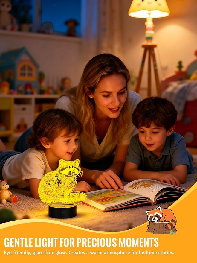 Lampeez Raccoon 3D Night Light for Kids, LED 16 Colors Remote Control Changing Touch Dimmable Table Desk Lamp, Cute Animal Gifts for Raccoon Lovers Animal Fans