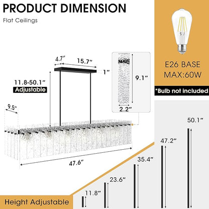 Modern Black Rectangle Chandelier, 48" Dining Room Chandelier with Water Ripple Glass, Linear Crystal Chandeliers for Dining Room, Living Room, Kitchen Island