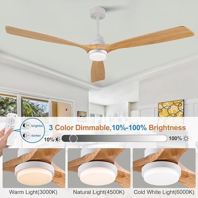 72 Inch Ceiling Fans with Lights and Remote, 3 Blades Wood Large Ceiling Fan, White Ceiling Fan with Light for Living Room Basement Sunroom Porch Patio, 6-Speed Remote Control