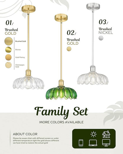 FEMILA 10.4" Gold Pendant Light, Vintage Pendant Lighting with Flower Green Glass, Pendant Light for Kitchen Island Bedroom Hotel Living Room, 4FJX82MIL BG-G