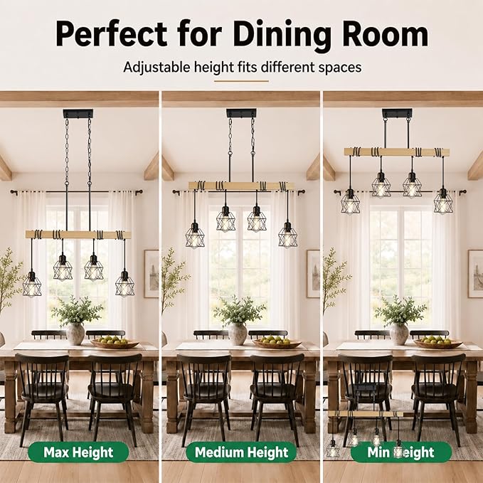 4 Light Farmhouse Kitchen Island Lighting,Dining Room Light Fixture,Adjustable Height Pendant,Real Wood and Black Metal Cage Chandelier for Kitchen,Dining Room