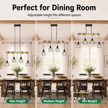 4 Light Farmhouse Kitchen Island Lighting,Dining Room Light Fixture,Adjustable Height Pendant,Real Wood and Black Metal Cage Chandelier for Kitchen,Dining Room