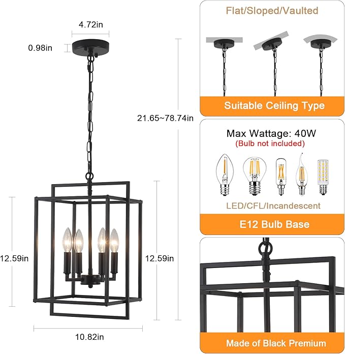 4-Light Black Farmhouse Chandelier Lantern Chandelier Light Fixture for Dining Room Kitchen Island Lighting Modern Pendant Light Fixtures for Bedroom Living Room Foyer