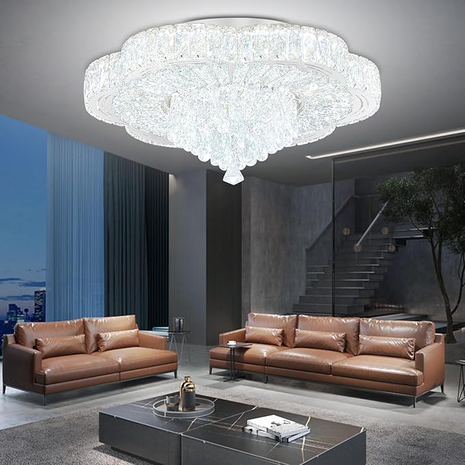 Modern Empire Crystal Chandelier Silver 24inches Crystal Raindrop Ceiling Light for Living Room Bedroom LED Infinity Dimmable 3000-6000K
