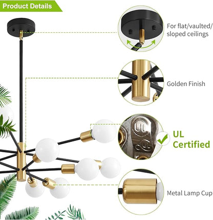 Sputnik Chandeliers, Black and Gold Chandelier,Modern Pendant Light Fixture Mid Century Industrial Ceiling Lighting 12 Lights for Dining Room, Kitchen, Bedroom, Living Room and Farmhoue