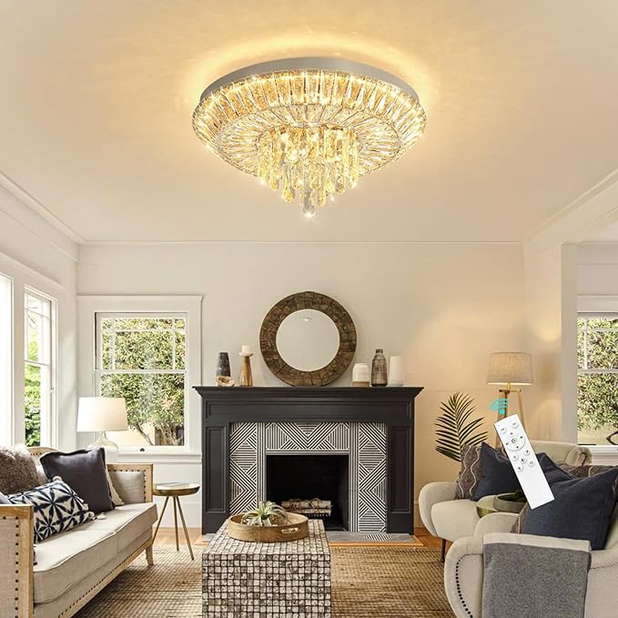 Crystal Chandelier 40W Modern Round Ceiling Light Fixture LED Raindrop Chandeliers Dimmable with Remote for Dining Room Living Room Entryway Hallway Bedroom Silver