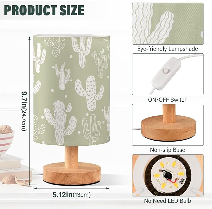 Bedside Table Lamp Cute Cactus Tropical Cacti Dot Green Nightstand Lamp with Wood Desk Lamps for Bedroom Living Room Nursery Office Home Decor