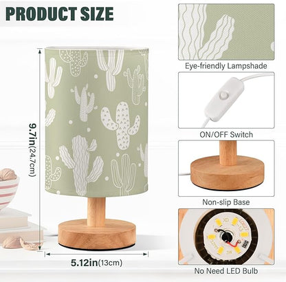 Bedside Table Lamp Cute Cactus Tropical Cacti Dot Green Nightstand Lamp with Wood Desk Lamps for Bedroom Living Room Nursery Office Home Decor