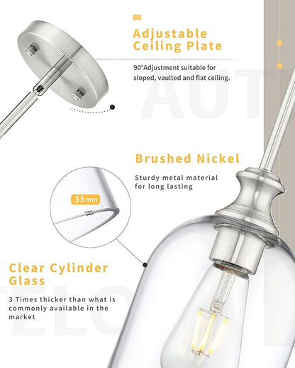 AUTELO Brushed Nickel Pendant Lights, 1-Light Kitchen Pendant Lighting with Clear Cylinder Glass, Modern Pendant Lights Kitchen Island with Adjustable Rods, H2511 CLST