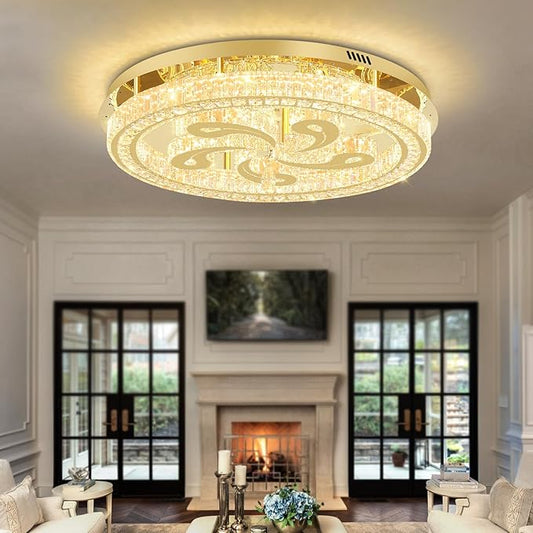 Modern Crystal Chandeliers for Dining Room Flush Mount Ceiling Chandelier for Living Room Dining Room Ring LED Crystal Ceiling Light (Round,32in Gold,Dimmable 2700K-6500K)