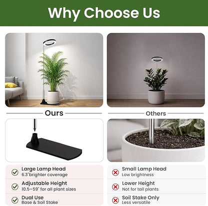 LBW Grow Lights for Indoor Plants, 6.3" Full Spectrum Plant Light with Base, 59" Height Adjustable Grow Lamp, 6/8/12/16H Auto Timer, 3 Light Color, 5 Dimmable Level, for Tall Large Plant, Black,1 pack