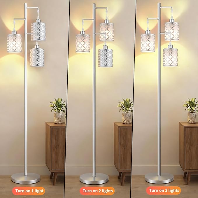 New Upgraded 72" Tall Dimmable Floor Lamp with Remote Control &White PC Shades, Farmhouse Standing Lamp with Bulbs, Industrial Tree Pole Floor Lamps for Living Room, Bedroom, Study Room, Office-Silver