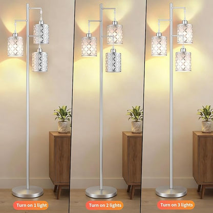 New Upgraded 72" Tall Dimmable Floor Lamp with Remote Control &White PC Shades, Farmhouse Standing Lamp with Bulbs, Industrial Tree Pole Floor Lamps for Living Room, Bedroom, Study Room, Office-Silver