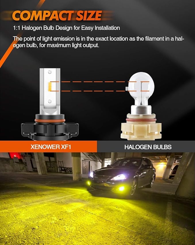 SEALIGHT 5201/5202 LED Fog Light Bulbs Yellow, 18000LM 3000K Yellow 5201 PS19W PS24W LED Fog Lights, Super Bright Plug and Play 5201 Fog Lights for Cars,Trucks (Pack of 2)