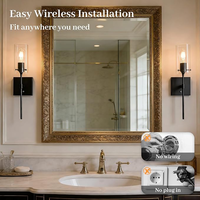 Dimmable Battery Operated Wall Sconce Set of 2, Rechargeable Wall Mount Light No Wiring, Easy Install Wireless Wall Lamp for Living Room Bedroom Hallway Farmhouse Indoor, Bulb Included