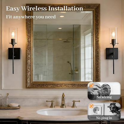 Dimmable Battery Operated Wall Sconce Set of 2, Rechargeable Wall Mount Light No Wiring, Easy Install Wireless Wall Lamp for Living Room Bedroom Hallway Farmhouse Indoor, Bulb Included